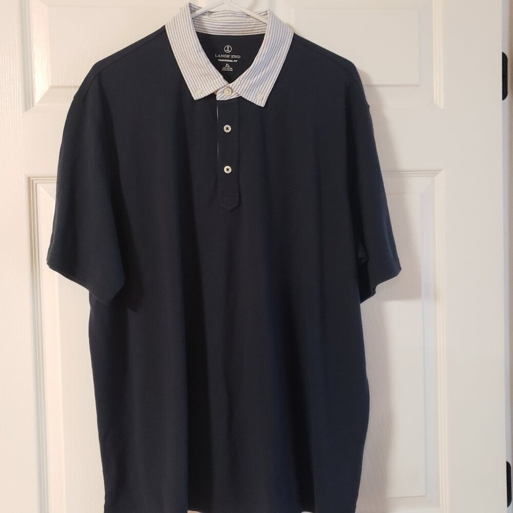 Lands' End Men's Short Sleeve Polo Navy w/Striped Button-Down Collar Size XL